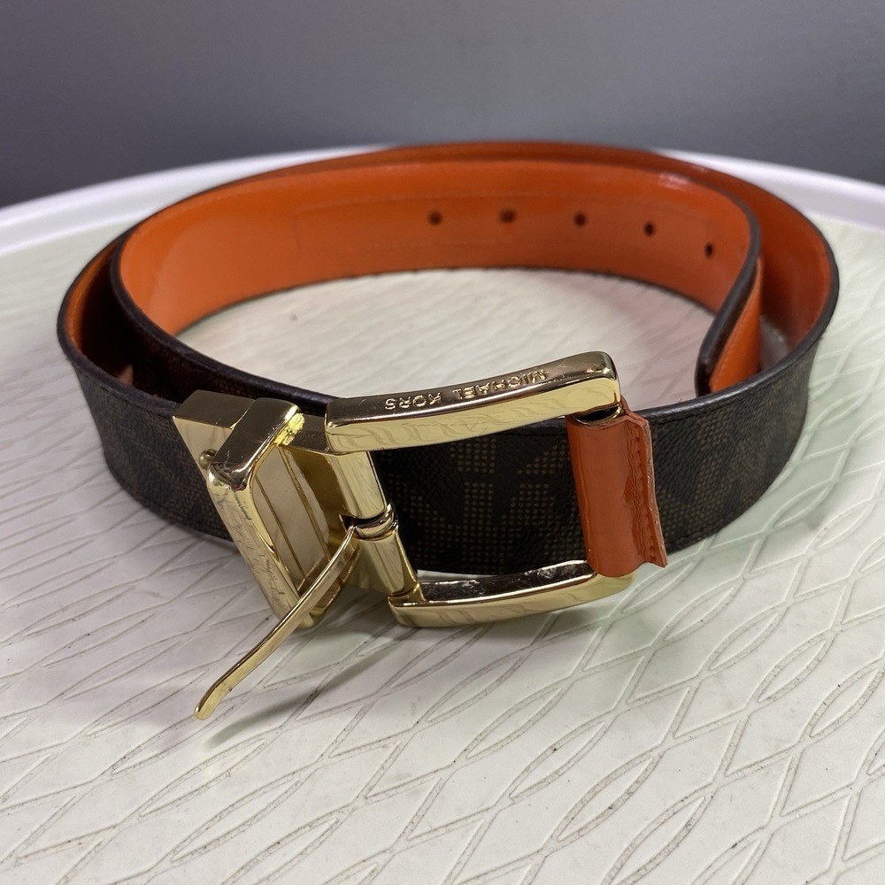 Michael Kors Brown W/Orange PVC Inside Belt MK LOGO Gold Buckle.‎ 42" L 1.5"W